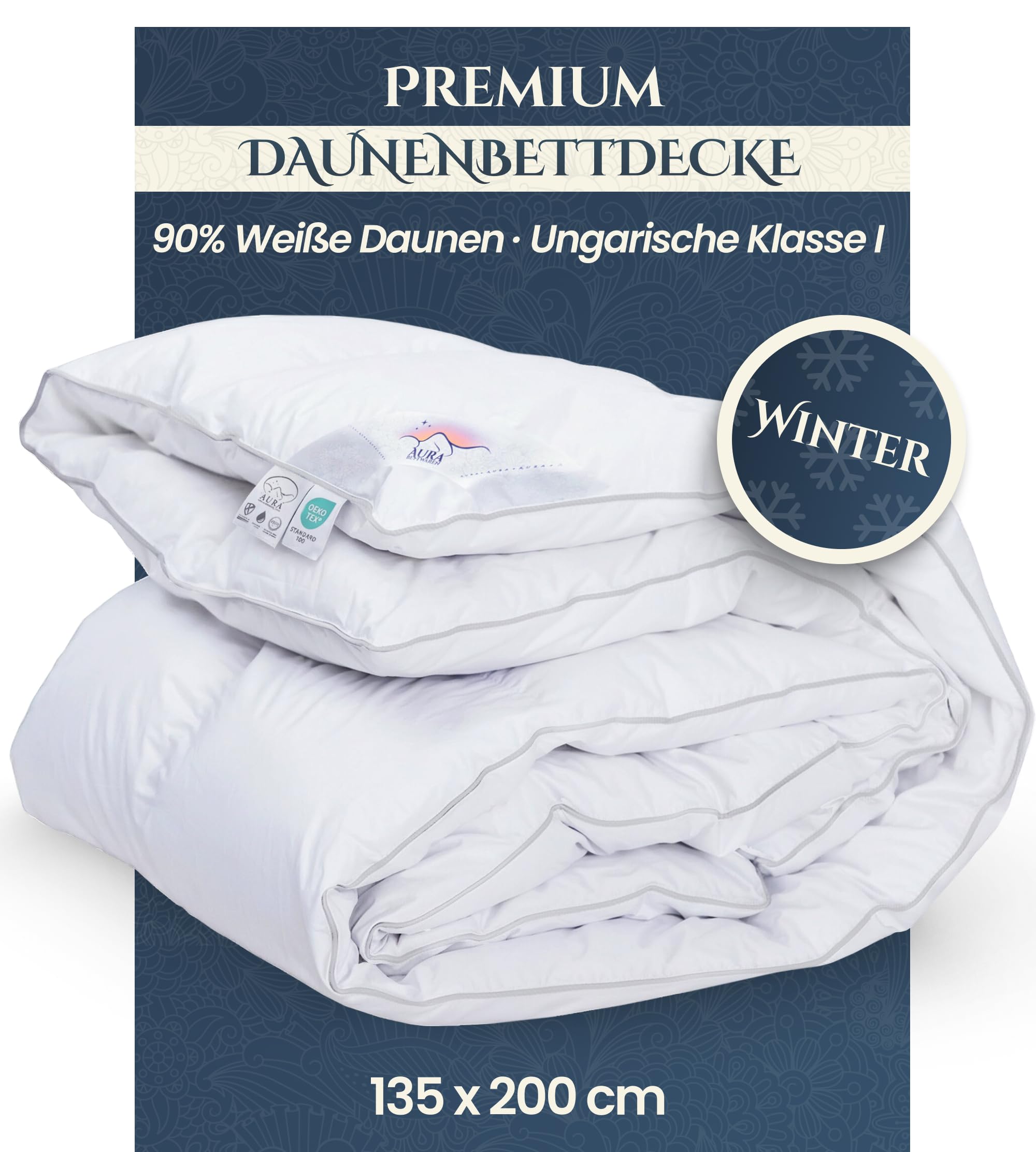 Aura® Luxus Daunendecke 135x200 cm extra warm | Premium 90% weiße Daunen ungarische Klasse I | Oeko-TEX® Standard 100 | Allergikergeeignet Winter Bettdecke