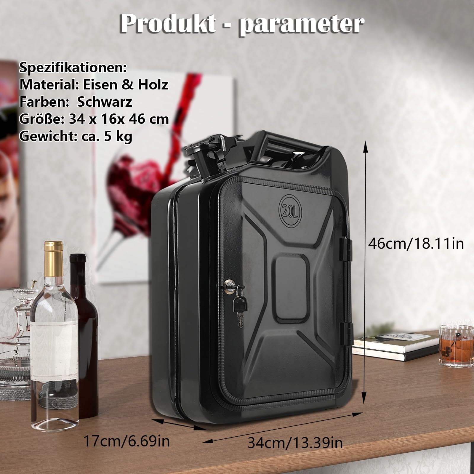 20L Kanister Mini Bar, Schwarzer Whiskey Bar Schrank Jerry Can Mobile Bar, Geburtstagsgeschenk für Männer personalisierte Geschenke für Männer, Abschließbarer Minibar, 34x16x46 cm