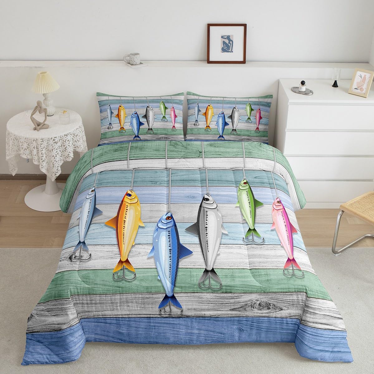 Erosebridal Colorful Fish Bedding Set Queen,Fish Hook Fishing Comforter Set for Kids Boys Girls Teens,Rustic Farmhouse Duvet Insert for Bedroom,Western Style Quilted Comforter with 2 Pillowcases