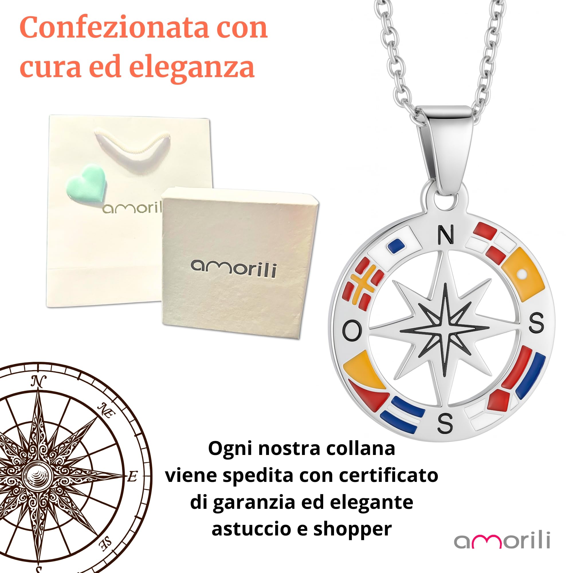 Collana Uomo Rosa dei Venti in Acciaio Inossidabile | Pendente Bussola Nautica | Catena Regolabile Fino a 50 cm | Gioiello Regalo Elegante Stile Marina Militare (f)