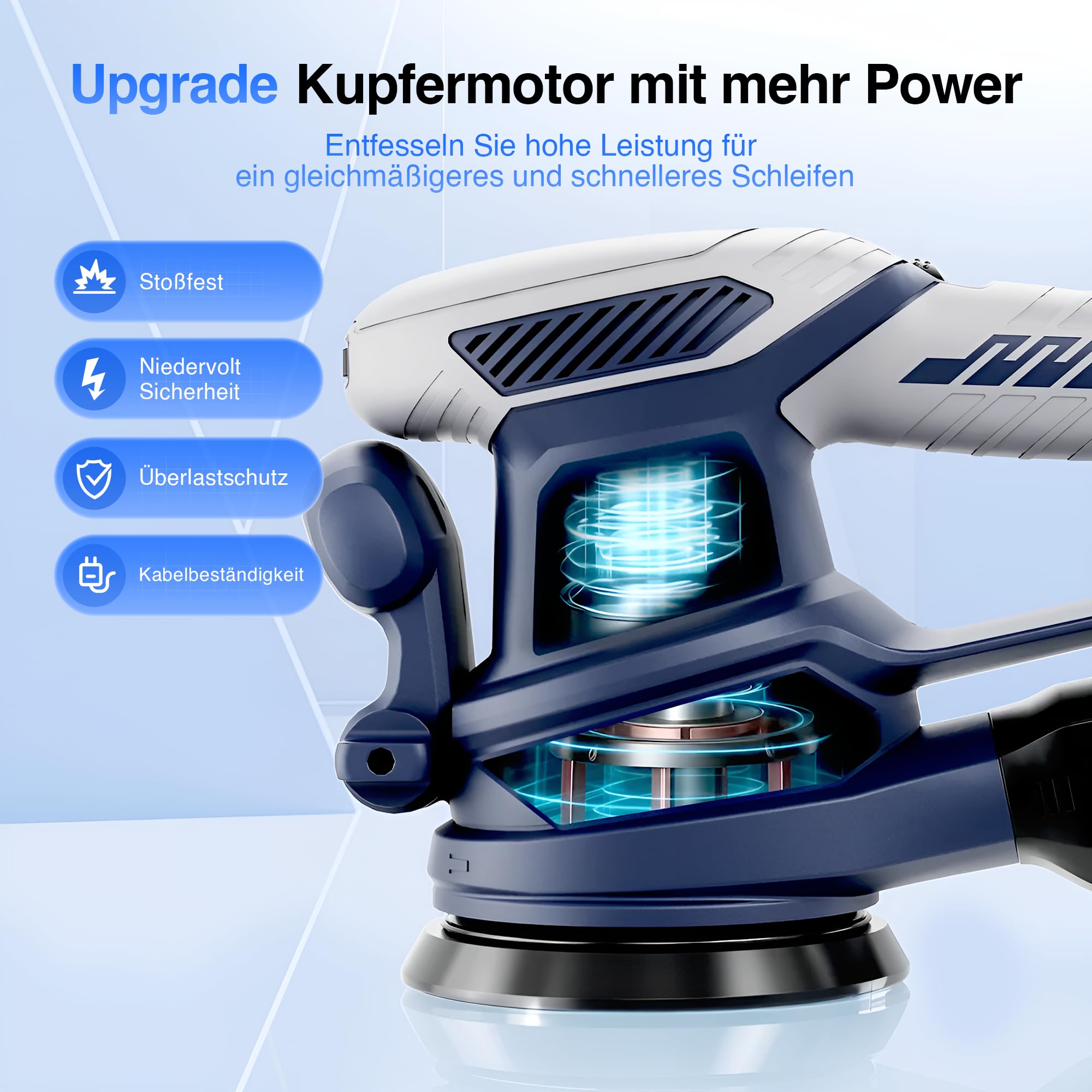 Exzenterschleifer 450W mit Bremse, 125mm Schleifmaschine für Holz mit Staubabsaugung, Schleifmaschine mit Verstellbarem Griff, 15 Schleifpapier, 6 Geschwindigkeiten 13000 U/min