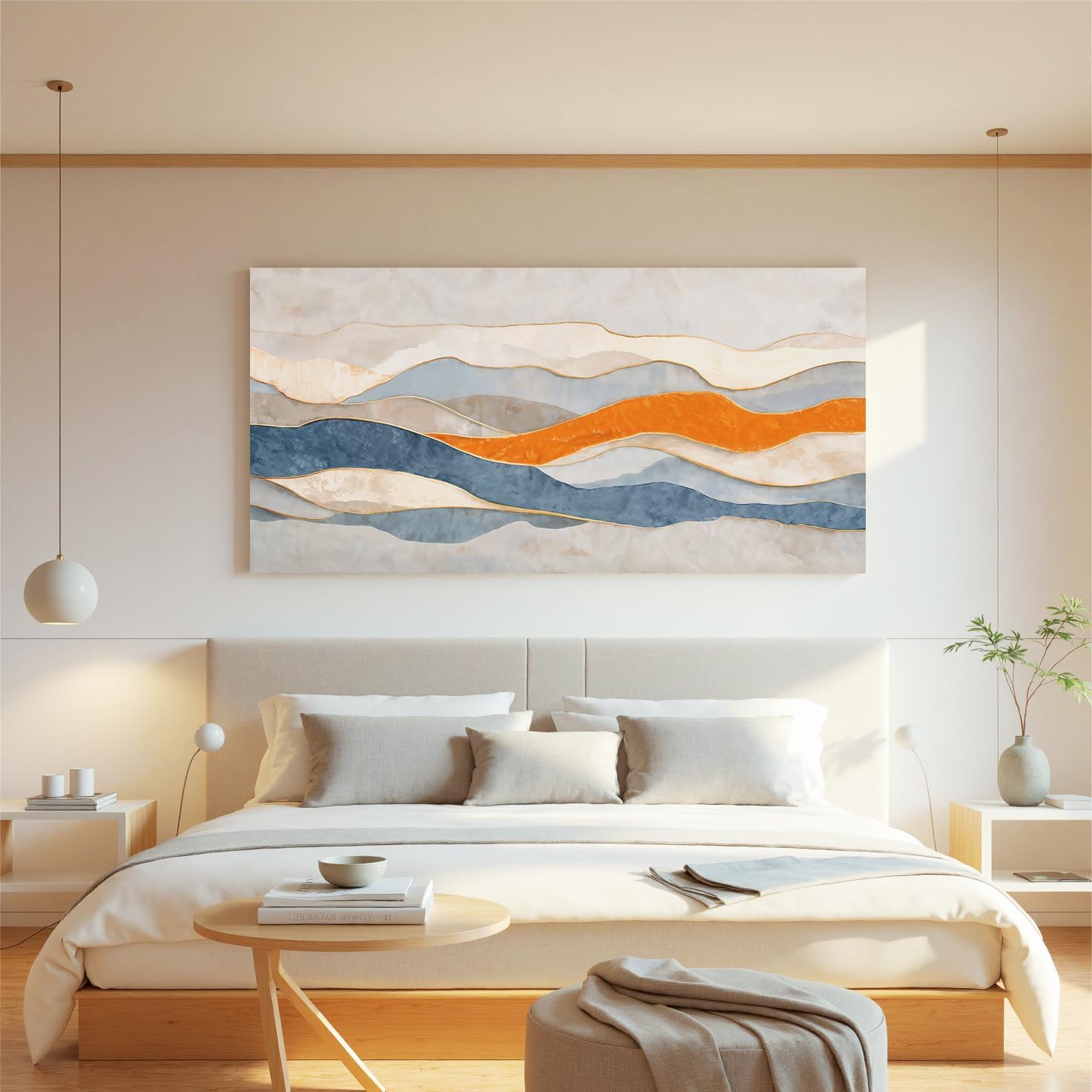 Aefouu No Frame Abstract Wall Art Print Stripe Canvas Wall Art Decor For Bedroom Paintings Blue And Orange White Abstract Aesthetic Artwork(30X60cm/12X24in/Frameless)