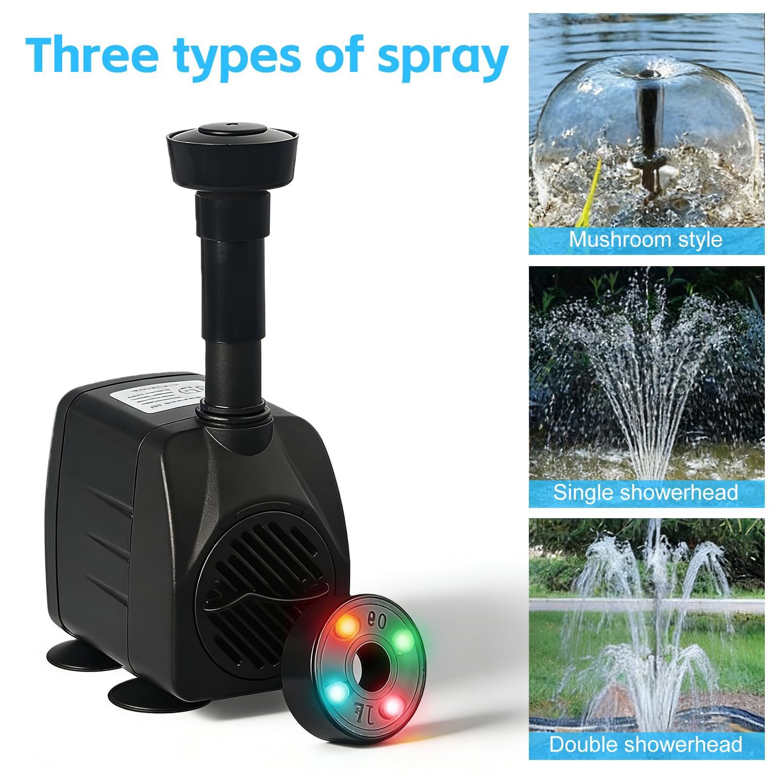 Pompe de fontaine extérieure 600 L/h 15 W 220 V, pompe de bassin 3 en 1 avec 4 LED, pompe de jardin pour fontaine, pompe pour jeux d'eau, pompe de ruisseau pour fontaine de jardins, bassins, puits