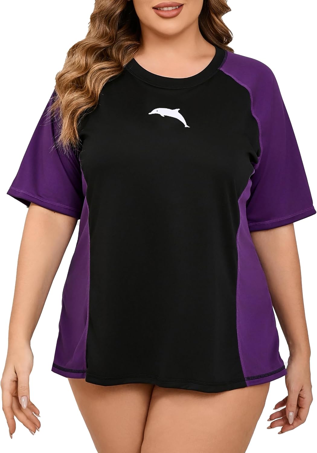 Halcurt Women's Plus Size Short Sleeve Rash Guard Swim Shirt with Built in Bra UPF50+ Lightweigt Swimsuit Top