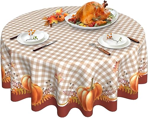Mantel a cuadros de Acción de Gracias, mantel redondo de otoño de 60 pulgadas, mantel de calabaza otoñal a cuadros de búfalo, tela lavable y