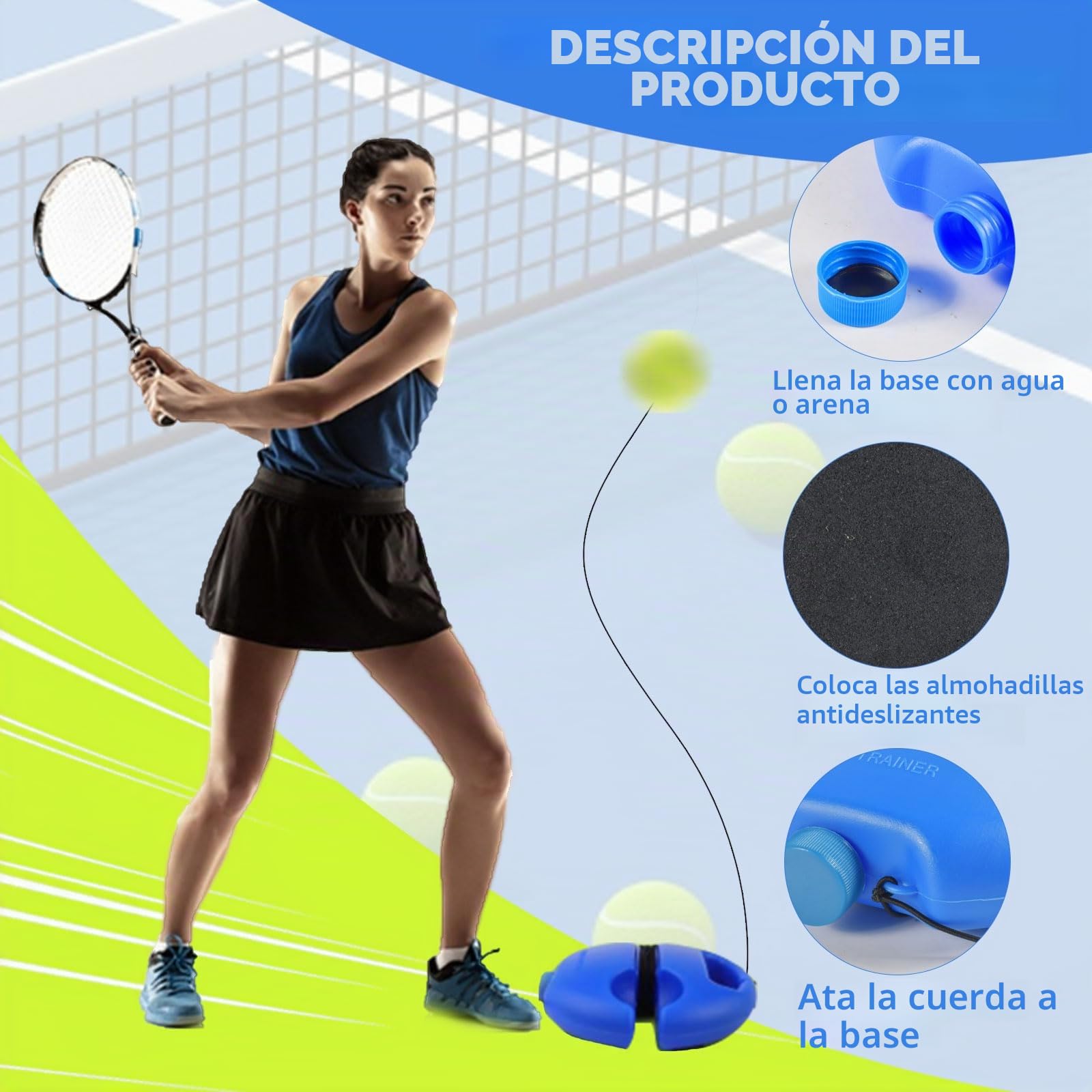 Funmo Juego de entrenador de tenis, tabla de base con 2 pelotas de rebote, banda de goma