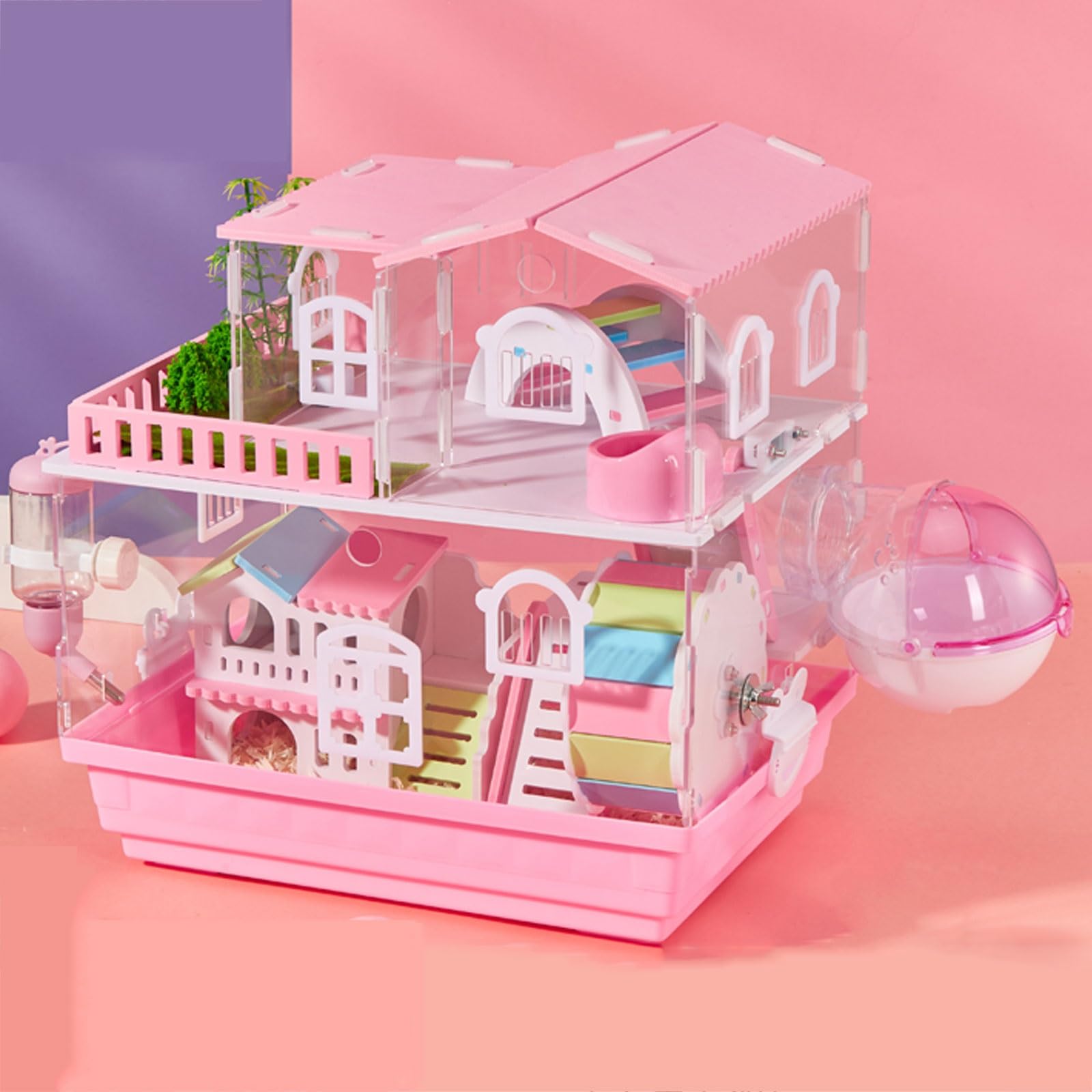 XIAOZHUANGXIONG Hamster Cages And Habitats, Indoor Outdoor Guinea Pig Cage with Kettle, Food Bowl, Two Layers, Three Layers Optional, Transparent Hamster Cage (Color : Pink, Size : 2 layer b)