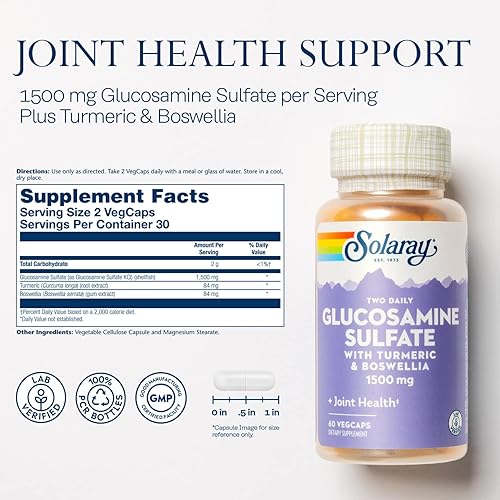 Miniatura 2 de SOLARAY Sulfato de glucosamina de 1500 mg, suplemento de apoyo saludable para las articulaciones, potente fórmula de tejido conectivo y salud