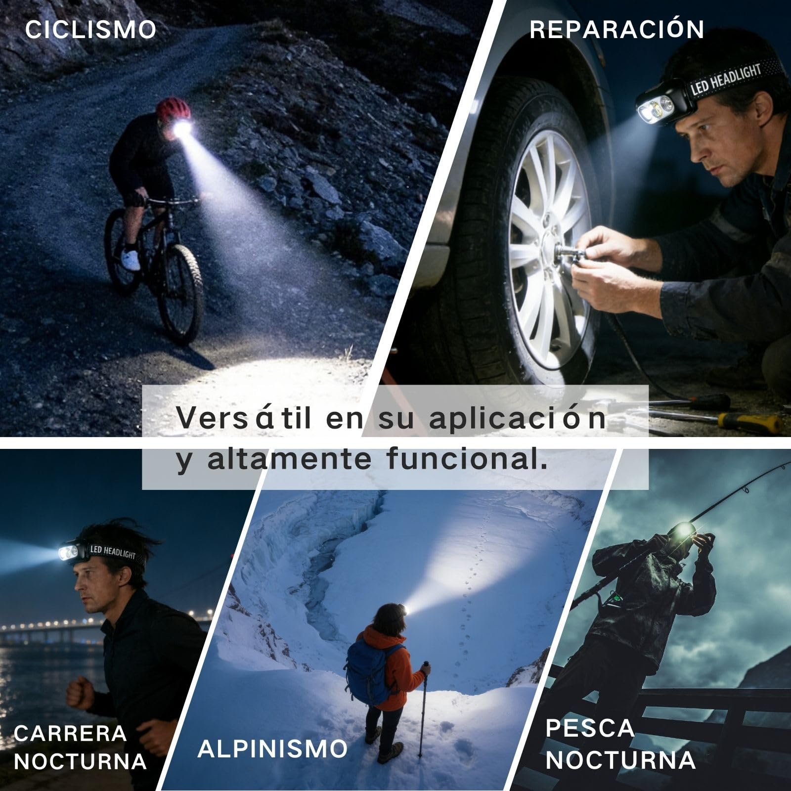 Frontal Led Recargable, Linterna Frontal Trabajo, Linterna Cabeza para Acampar, Montar en Bicicleta y Correr, Cuatro Modos de Iluminación, Adecuada para la Iluminación Nocturna en Pesca Accesorios