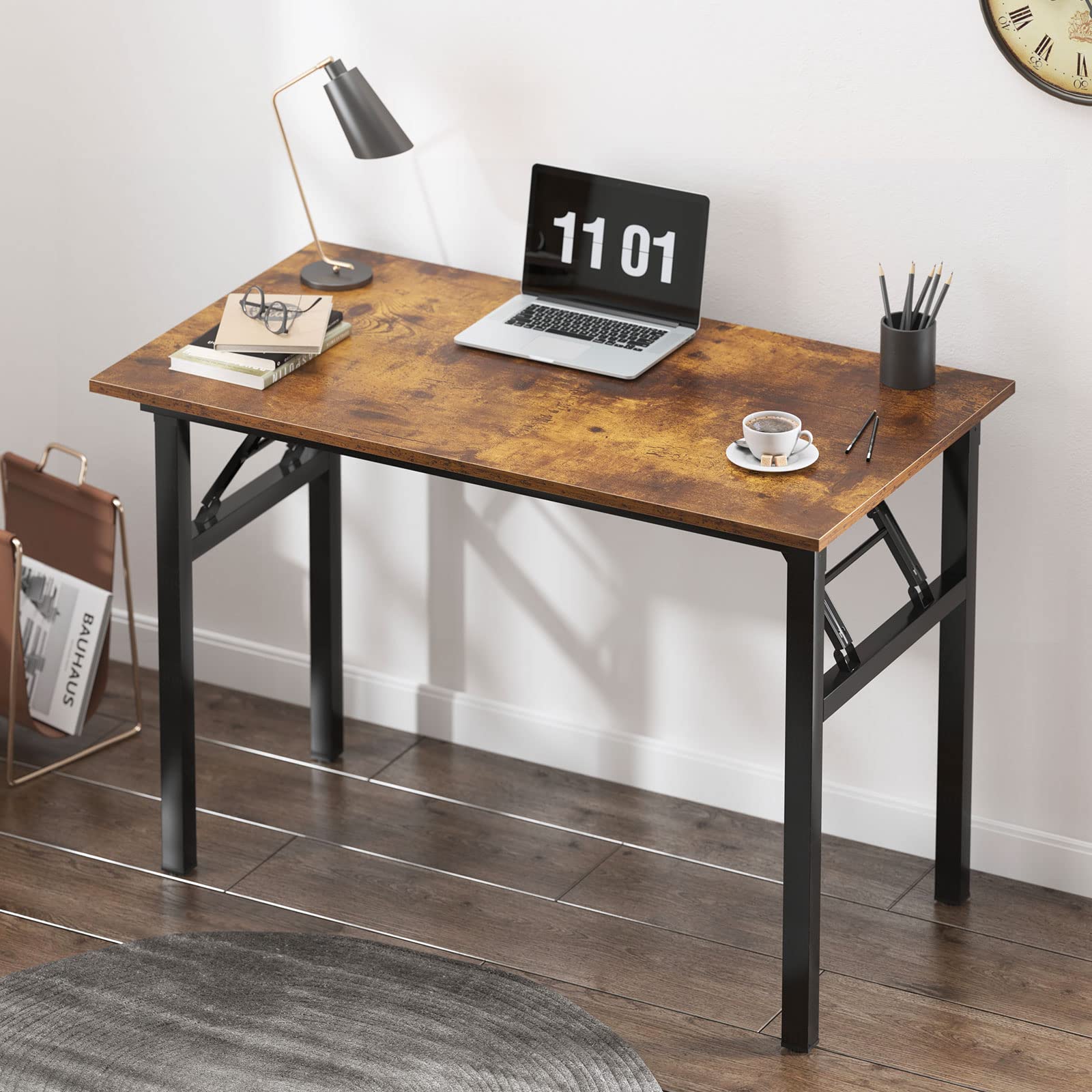 sogesfurniture Mesa Escritorio Plegable, 80x40cm Escritorio Compacto Mesa de Ordenador Escritorio de Oficina Mesa de Trabajo Mesa de Estudio de Madera y Acero, Marrón&Negro BHEU-AC5FB-8040