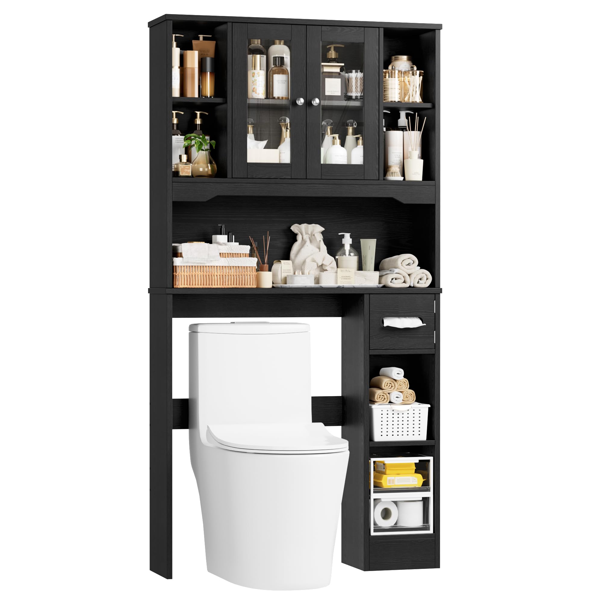 FOREHILL 173cm Mueble sobre Inodoro, Armario Baño, Gran Capacidad, Negro | Mueble Alto para Lavadora, Estanteria Baño, con Estante Ajustable, 2 Puertas, Soporte para Papel Higiénico, 89x20x173cm