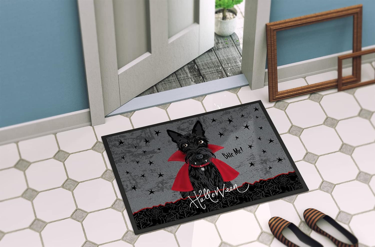 Caroline's Treasures VHA3037MAT Halloween Vampire Scottie Doormat 18x27 Front Door Mat Indoor Outdoor Rugs for Entryway, Non Slip Washable Low Pile, 18H X 27W