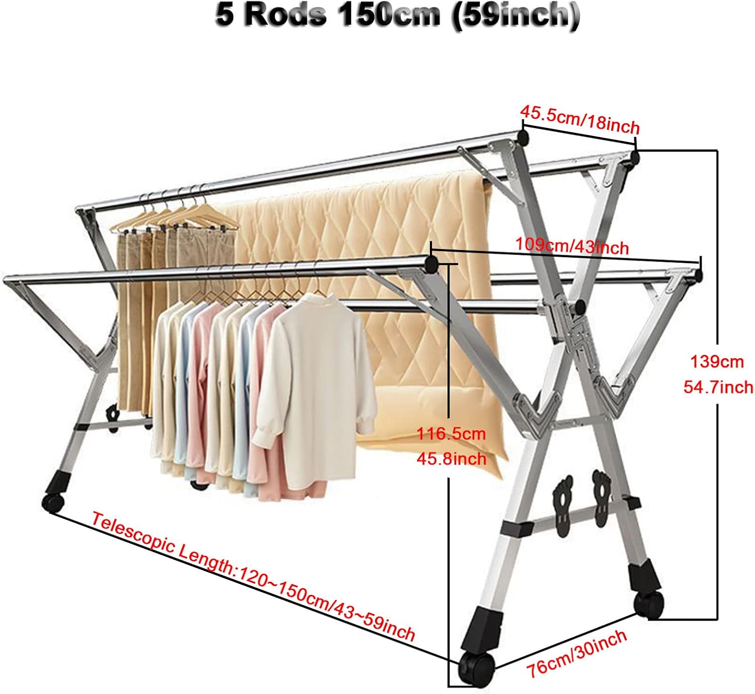Floor-Standing Solid Wood Rotating Coat Rack，Adjustable Stainless Steel Folding Clothes Drying Rack - Heavy Duty Laundry Rack with 5 Rods, Large Capacity, Universal Wheels & Shoe Rack for in