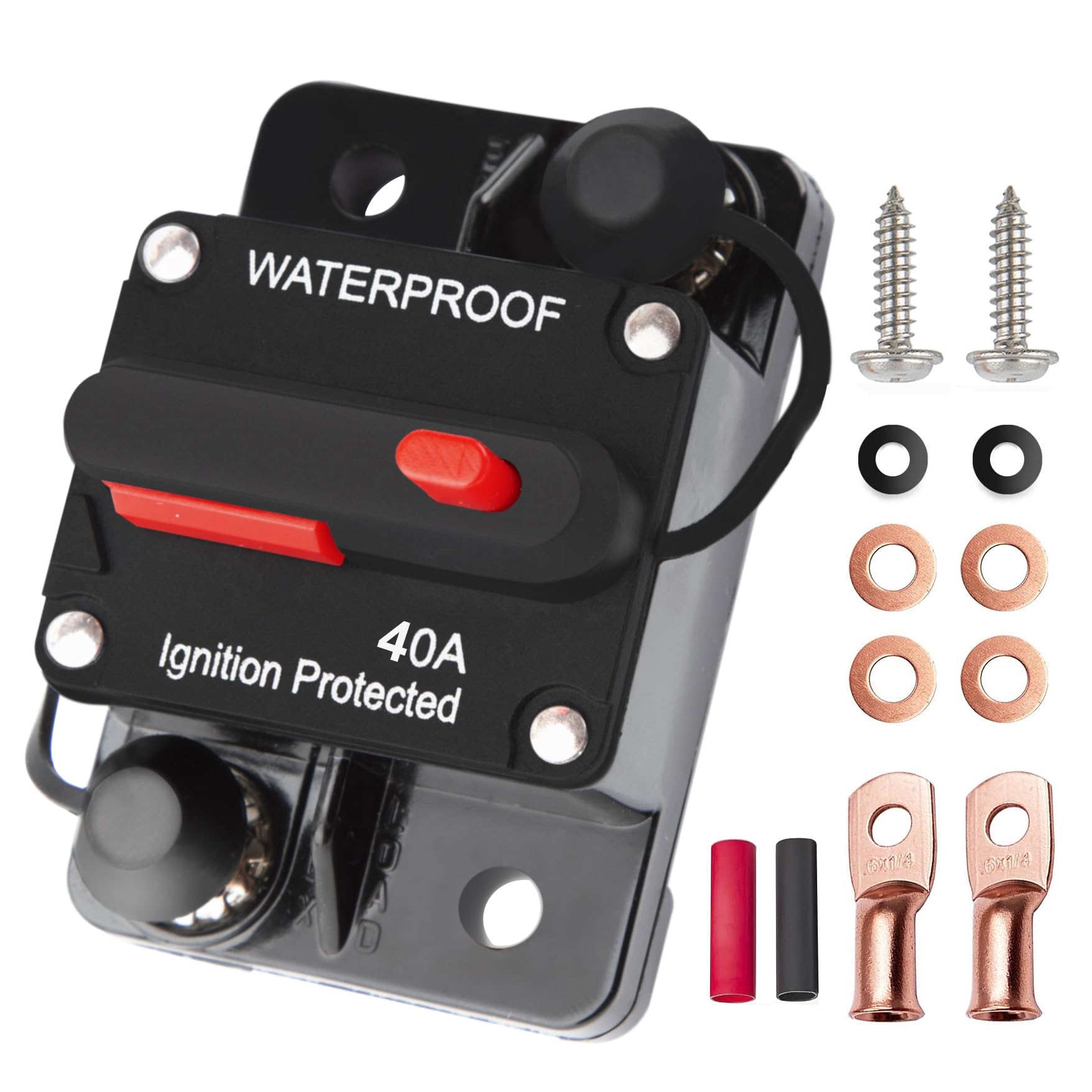 (40A) - 40 Amp Circuit Breaker Manual Reset Waterproof Inline Fuse Inverter for Car ATV Marine Trolling Motors Boat Power Protect 12V-48V, with Wire Lugs Copper Washer Screw-image-27