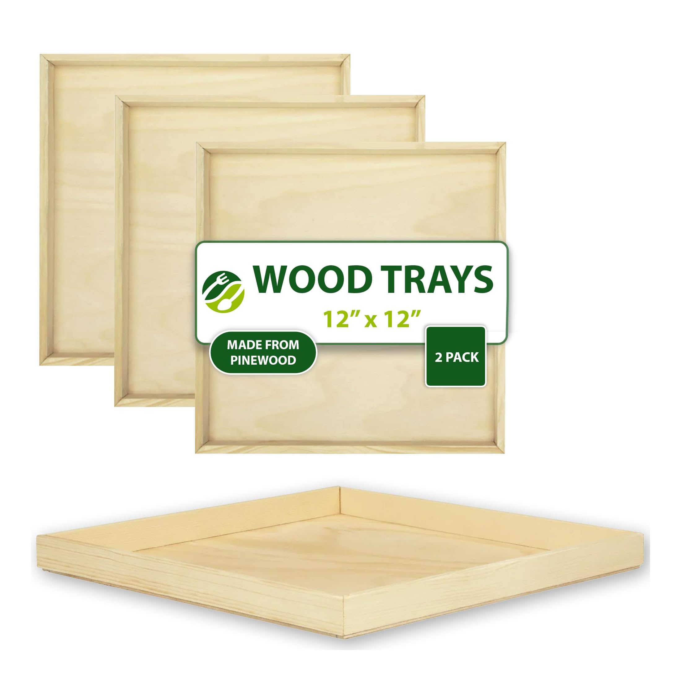 Eco Leaf Products 12"×12" Solid Wooden Square Serving Tray Set of 2 – White Birch Base, Reusable & Biodegradable, Durable Pine Wood Sides – Perfect for Weddings, Parties & Picnics