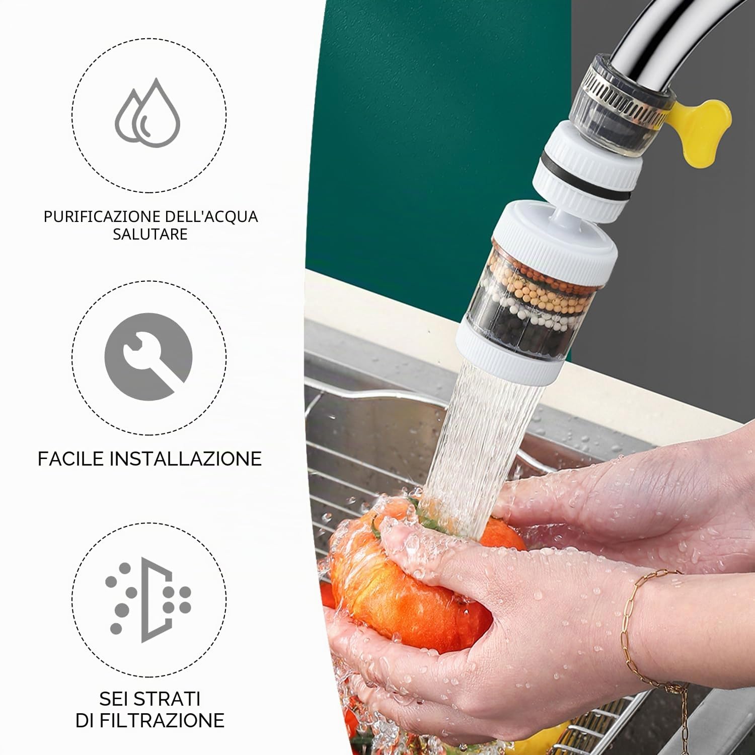 Filtro per rubinetto, 2 pezzi, filtro per acqua a carbone attivo, filtro a rotazione a 360 gradi per cucina e bagno, per rimuovere le impurità dall'acqua e ammorbidire l'acqua dura.