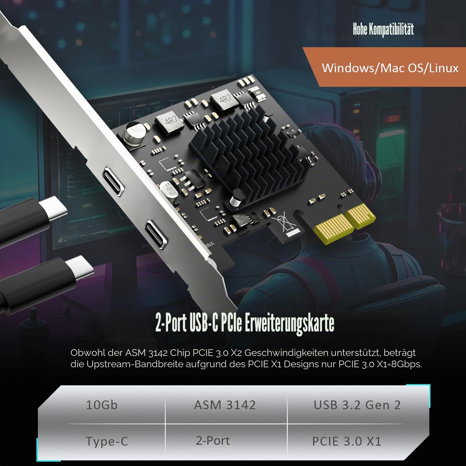 GLOTRENDS U3142CX1 2-Port 10Gb PCIe USB C Erweiterungskarte (USB 3.2 Gen2), PCIe X1 Schnittstelle