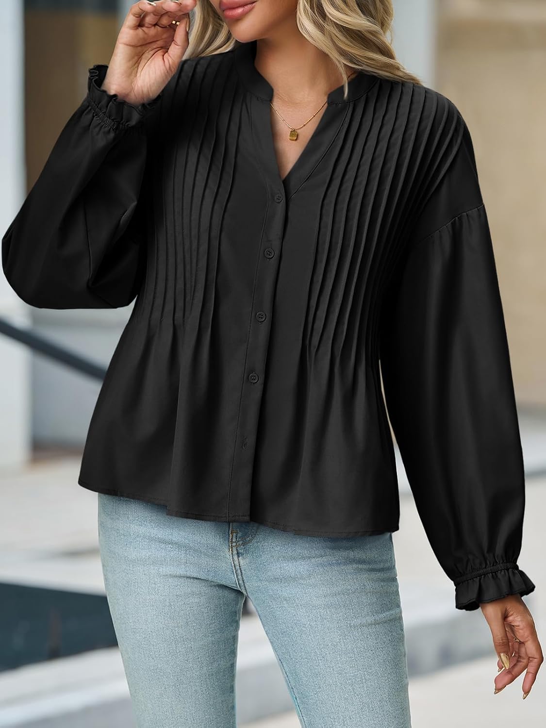 Cicy Bell Womens Pleated Button Down Shirts V Neck Puff Long Sleeve Peplum Tops Dressy Casual Loose Fit Cute Blouse Black - Image 2