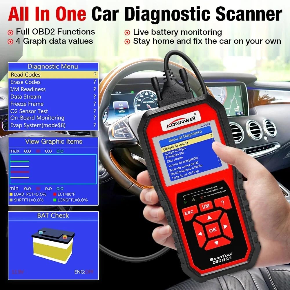 KONNWEI KW850 skaner diagnostyczny OBD2, narzędzie diagnostyczne do akumulatora samochodowego, czytnik kodów usterek silnika, czytnik obd, dane na żywo, funkcja kontroli gotowości I/M, narzędzie