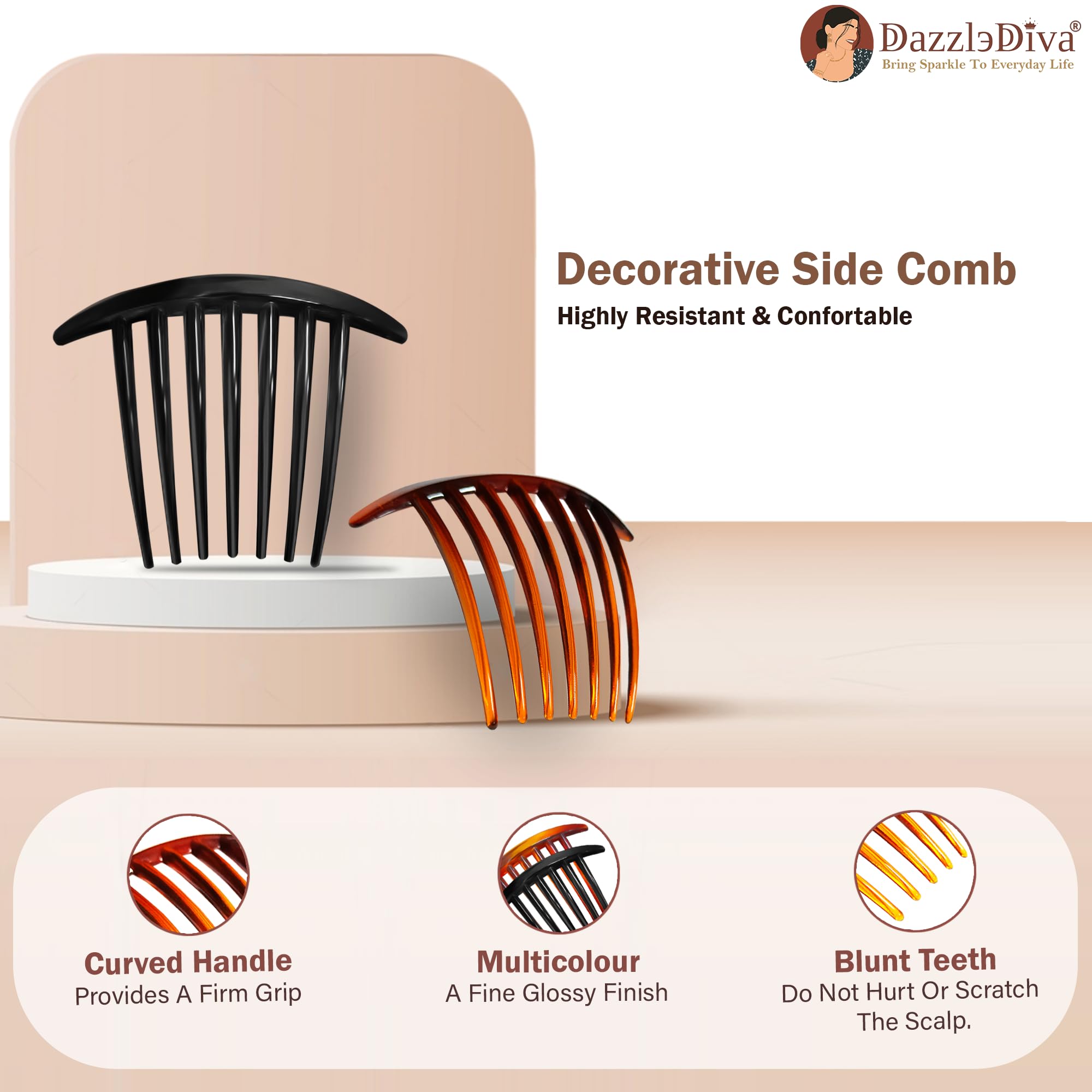 DazzleDiva French Hair Side Combs, 2-Pack Tortoise & Black for Styling Updos 2Pcs 1