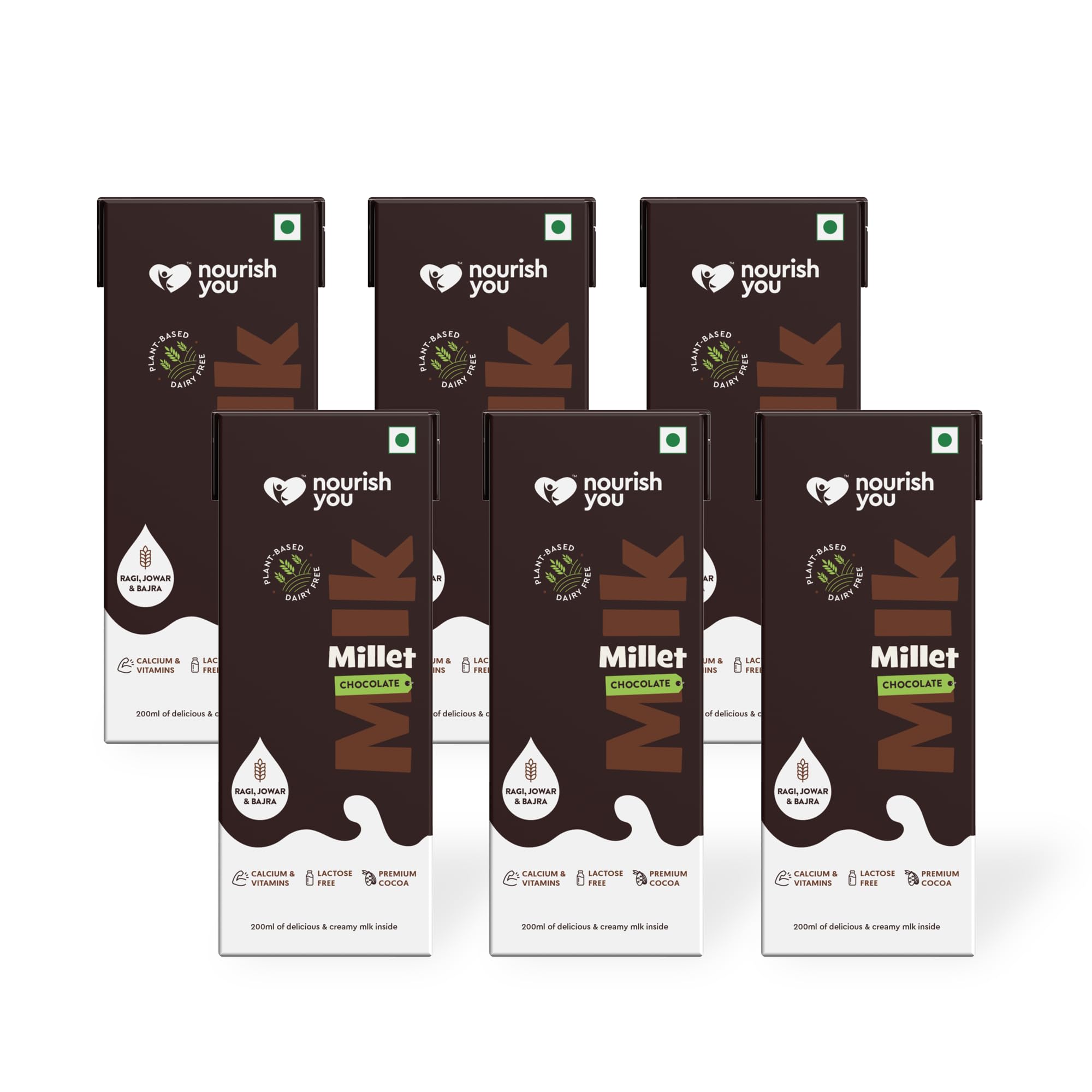 Nourish You Plant Based Millet Mlk with goodness of Ragi, Jowar, Bajra & Oats | Dairy Free | Preservatives free |Healthy Vegan Creamy Mlk Unsweetened| Chocolate Flavour Mlk |1.2L (200 ml each × 6)