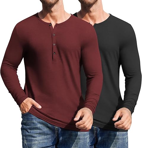 COOFANDY Paquete de 2 camisetas básicas de algodón para hombre, de manga larga, ligeras, casuales, de algodón