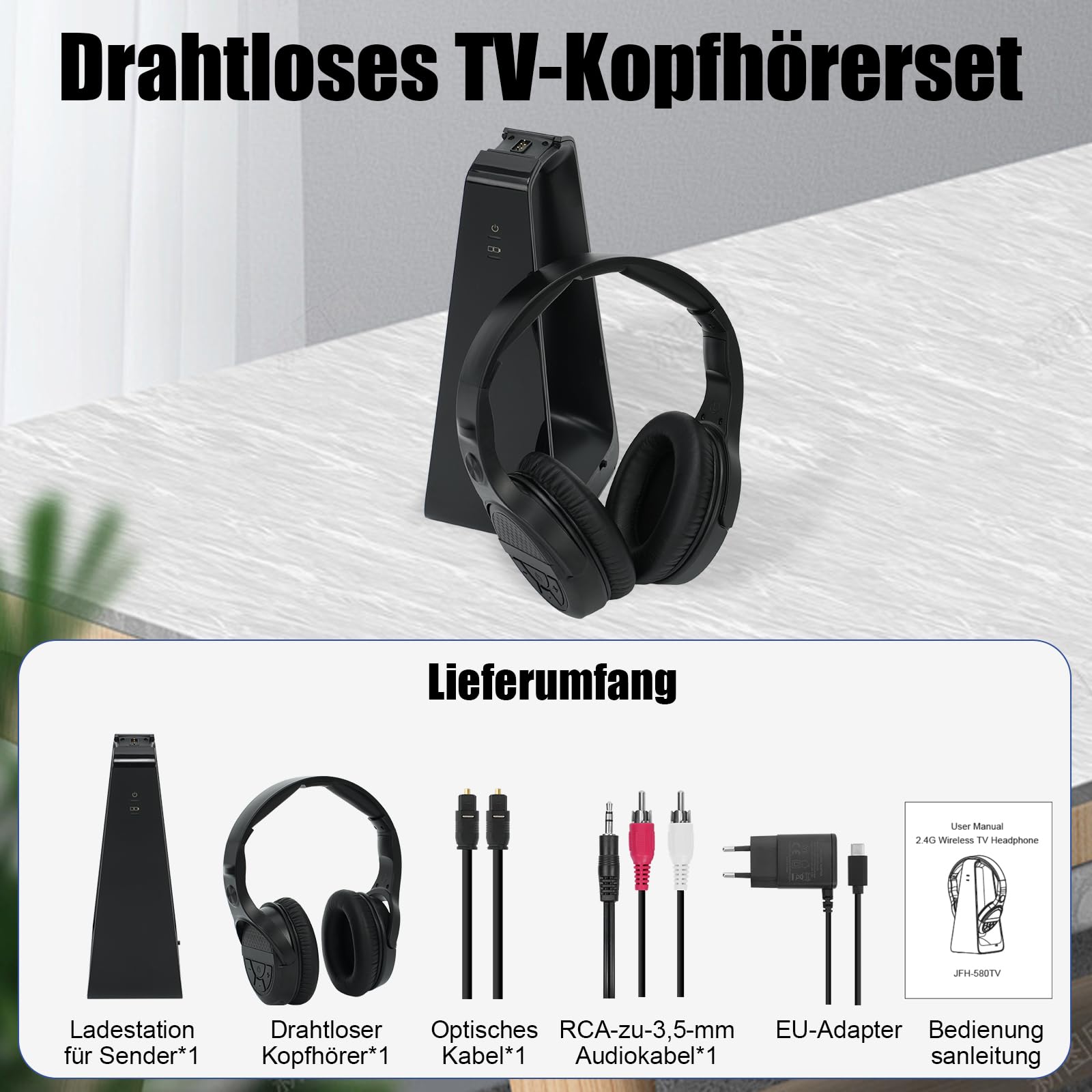 Drahtlose TV-Kopfhörer mit Ladestation und Sender, 2,4-GHz-Funkkopfhörer zum Fernsehen, große Bedientasten und Klangverstärkung für Senioren, Leichtes, Bequemes Bluetooth-Headset, Einfach zu Bedienen