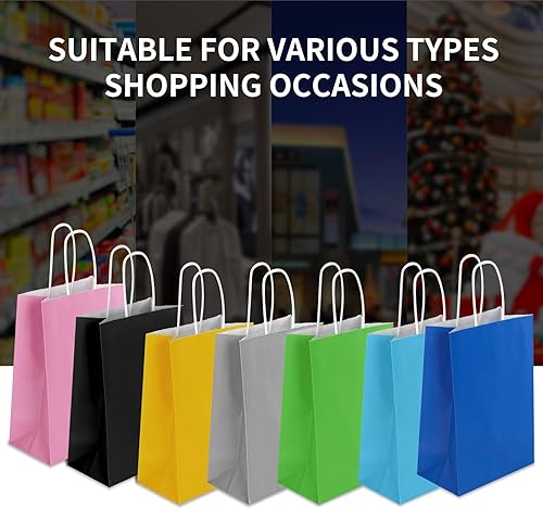 Miniatura 7 de bagmad Paquete de 35 bolsas pequeñas de papel kraft multicolor de 6 x 3.25 x 8 pulgadas con asas a granel, 7 colores surtidos para regalos de