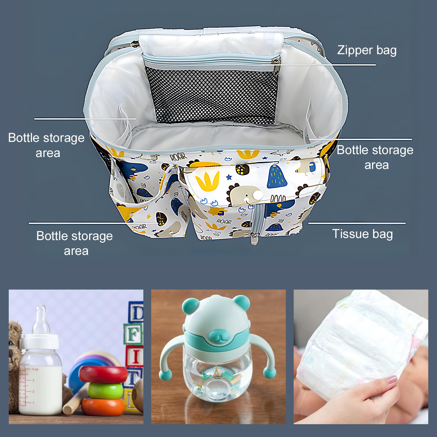Organizador de Cochecito,Bolsa Universal para Cochecito,Bolso Carro Bebe,Con Bandolera Ajustable,Para llevar Pañales Vasos de Agua Juguetes Bebés y Aperitivos