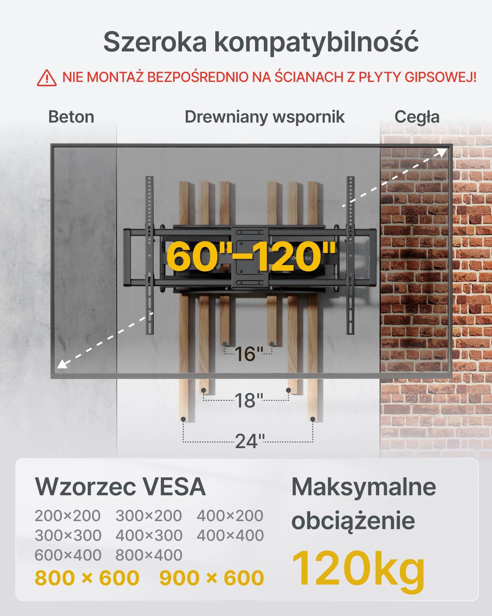 monTEK Uchwyt ścienny do telewizora XXL wychylny do telewizorów 60-120 cali