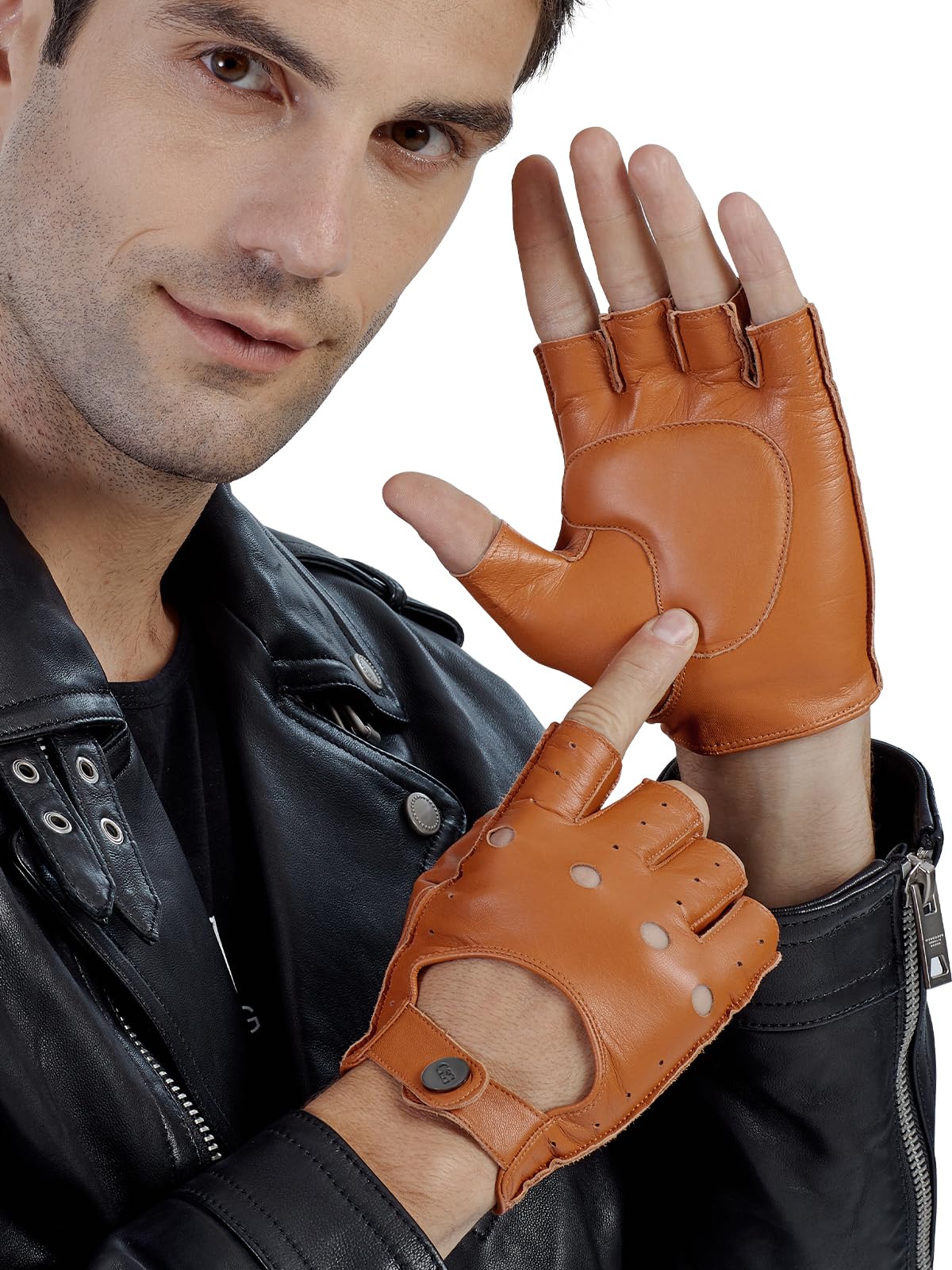 GSG Men Fingerless Gloves Driving Leather Cycling Half Finger Motorcycle Unlined Gloves for Cycling