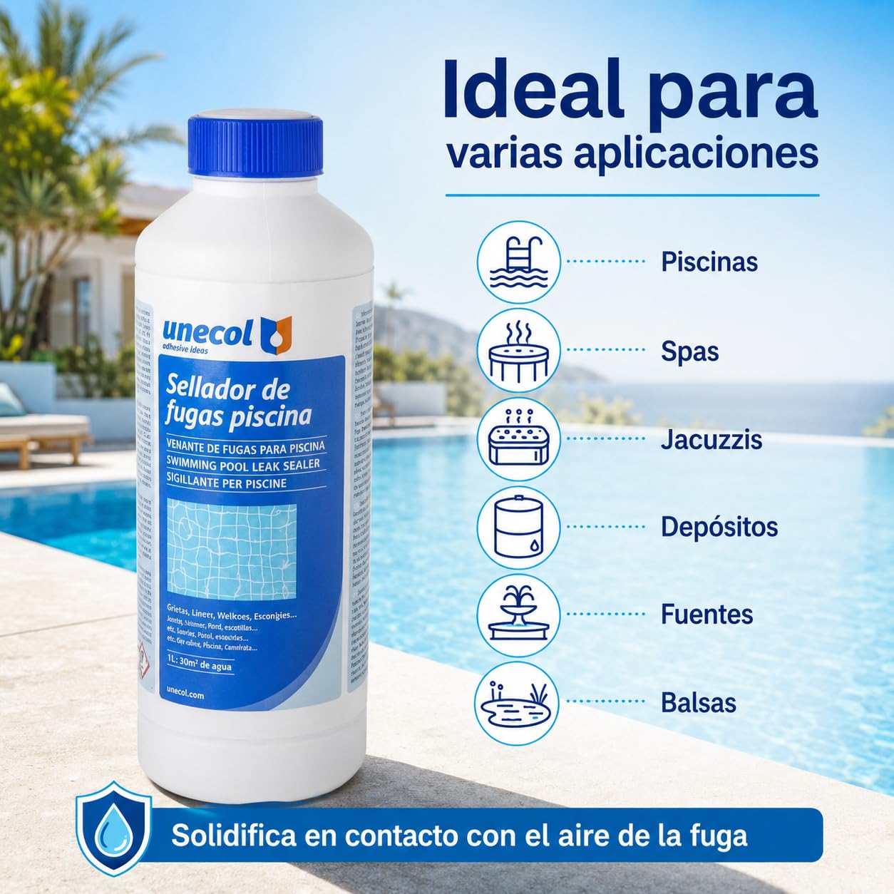 Unecol - Sigillante per perdite Piscina Unecol 1L - Ripara crepe e filtrazioni senza vuoto, adatto per Gresite, Liner, PVC, Calcestruzzo - Acqua dolce o salata
