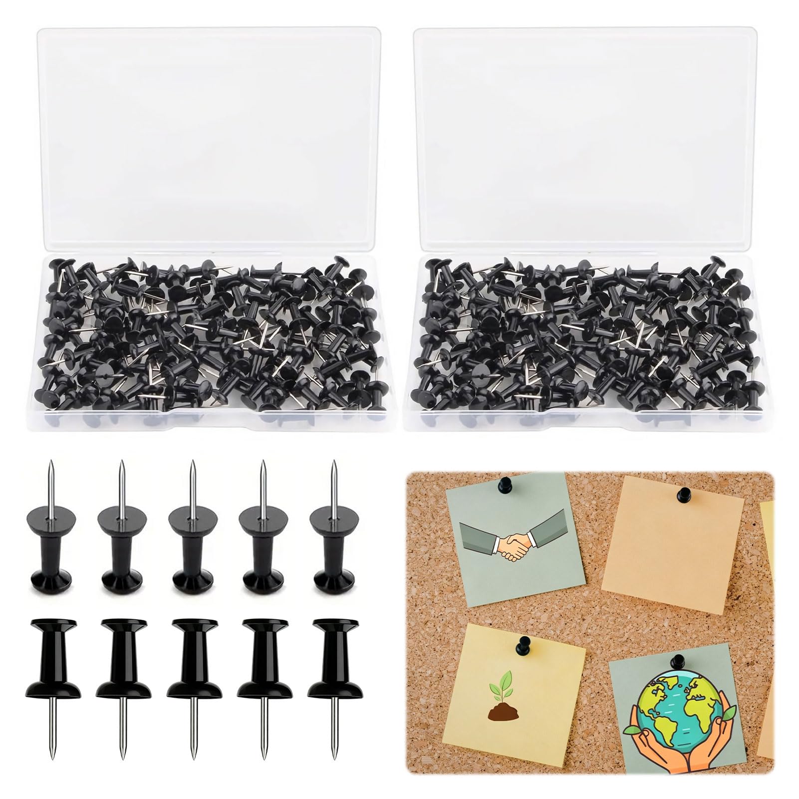 Black Push Pins, 200 Pcs Pins for Pinboard With Storage Box, Drawing Pin for Cork, Notice and Bulletin Boards