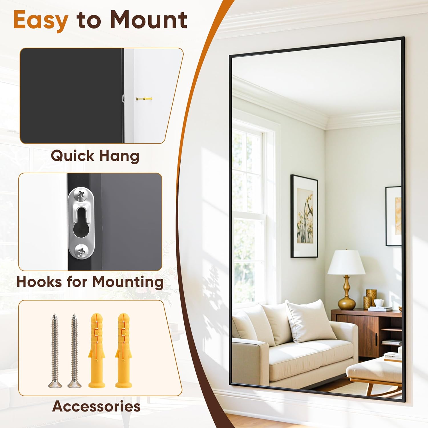 Suidia Rect Oversized Full Length Mirror Floor 72"x44" - Large Freestanding Full Body Mirror with Aluminum Alloy Frame, Tempered Glass, Black, Leaning/Wall Mounted for Bedroom, Living Room, Entrance