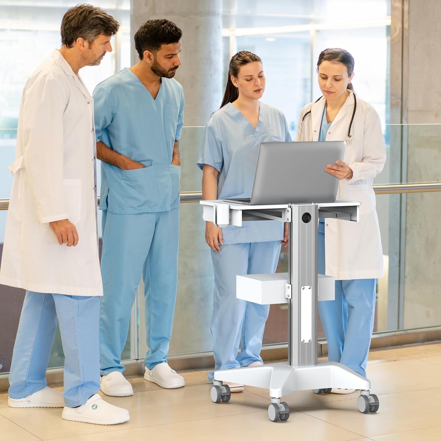 BEWISER Chariot médical mobile pour ordinateur portable avec tiroir Base robuste Chariot d'ordinateur pour clinique dentaire, soins infirmiers, station de travail PC