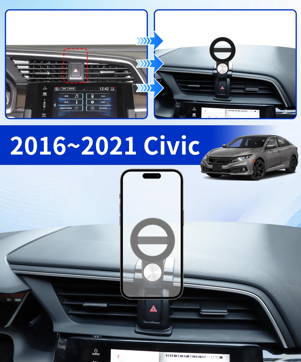 Supporto per telefono da auto per Honda Civic 2016-2021, supporto per telefono cellulare compatibile con MagSafe, rotazione a 360°, mani libere, non influisce sulla bocchetta dell'aria