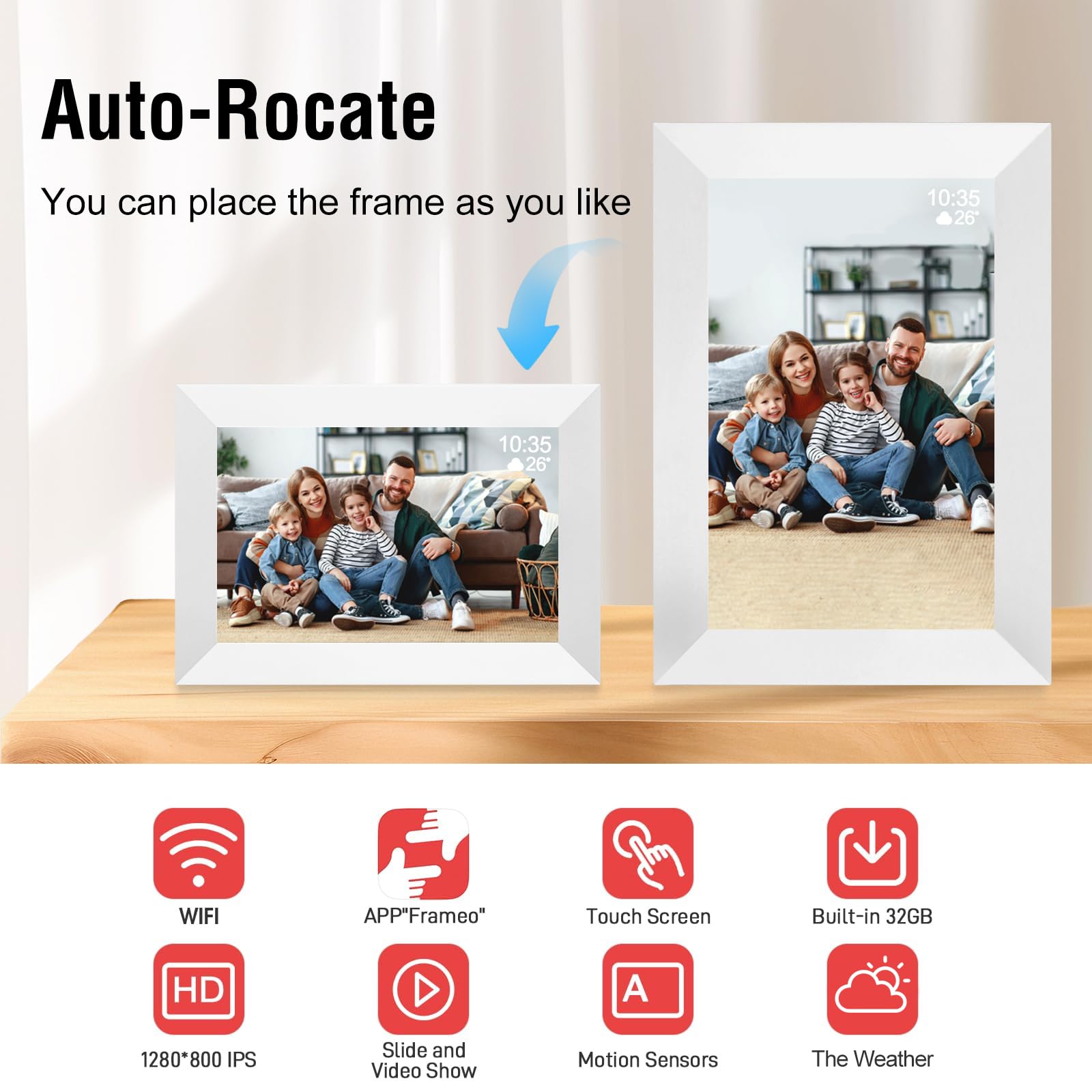 Cornice digitale WiFi da 10,1 pollici, display HD touch screen IPS 1280 x 800, cornice digitale intelligente integrata da 32 GB di memoria, rotazione automatica, condividi foto e video tramite l'app