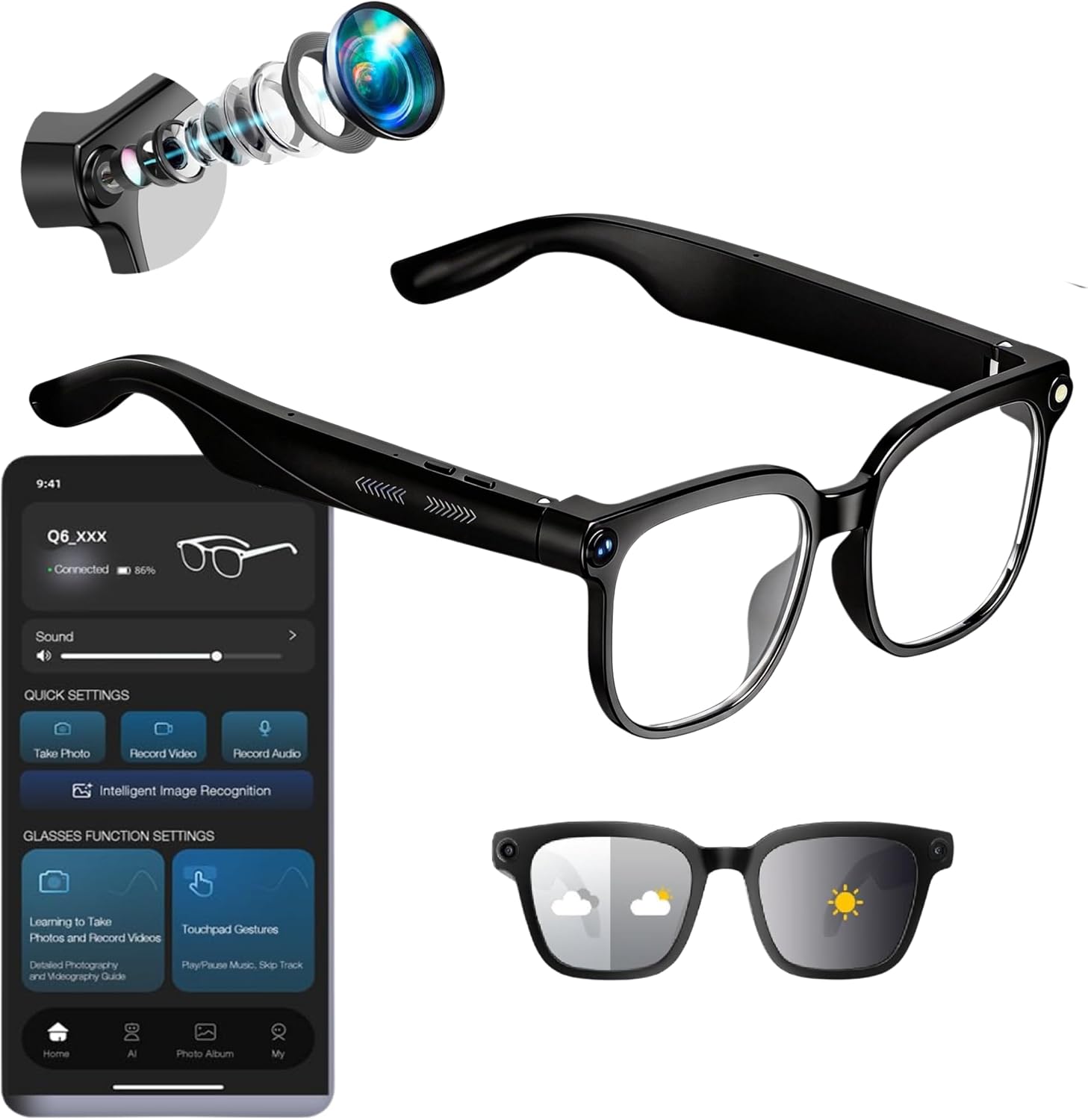 AI Smart Glasses with Camera, 8MP Camera Glasses, 4K Video Recording glasses with Real-Time Translation & ChatGPT AI Voice Assistant, AI Sunglasses with Photochromic Lenses for Travel, Vlogging
