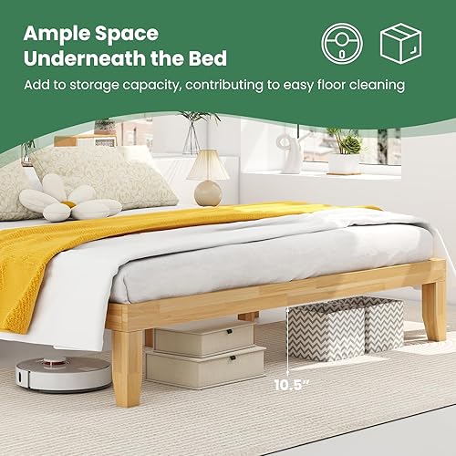 Miniatura 49 de KOMFOTT Base de cama de plataforma de madera de 14 pulgadas, tamaño individual, base de colchón de madera con marco de madera de goma, fuerte Marrón