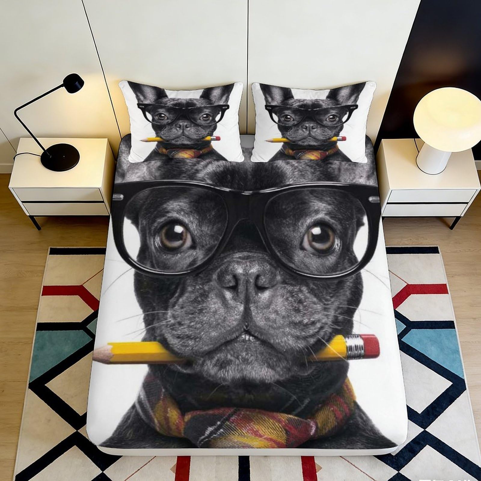 3D Printed Black French Bulldog Fitted Sheet Microfiber Soft Breathable Dog Face Bed Cover for Bedroom Dormitory Guest Room Mattress Protection Decor 180x200x25cm