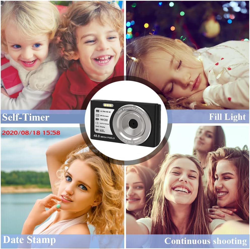 SEREE Digital Camera 4K Digital Camera 48MP Vlogging Camera 32GB SD Card,16X Digital Zoom,IPS 2.8 inch Screen, Compact Mini Camera 2 Batteries Teens, Kids, Students,Adults (with Auto Focus), Black