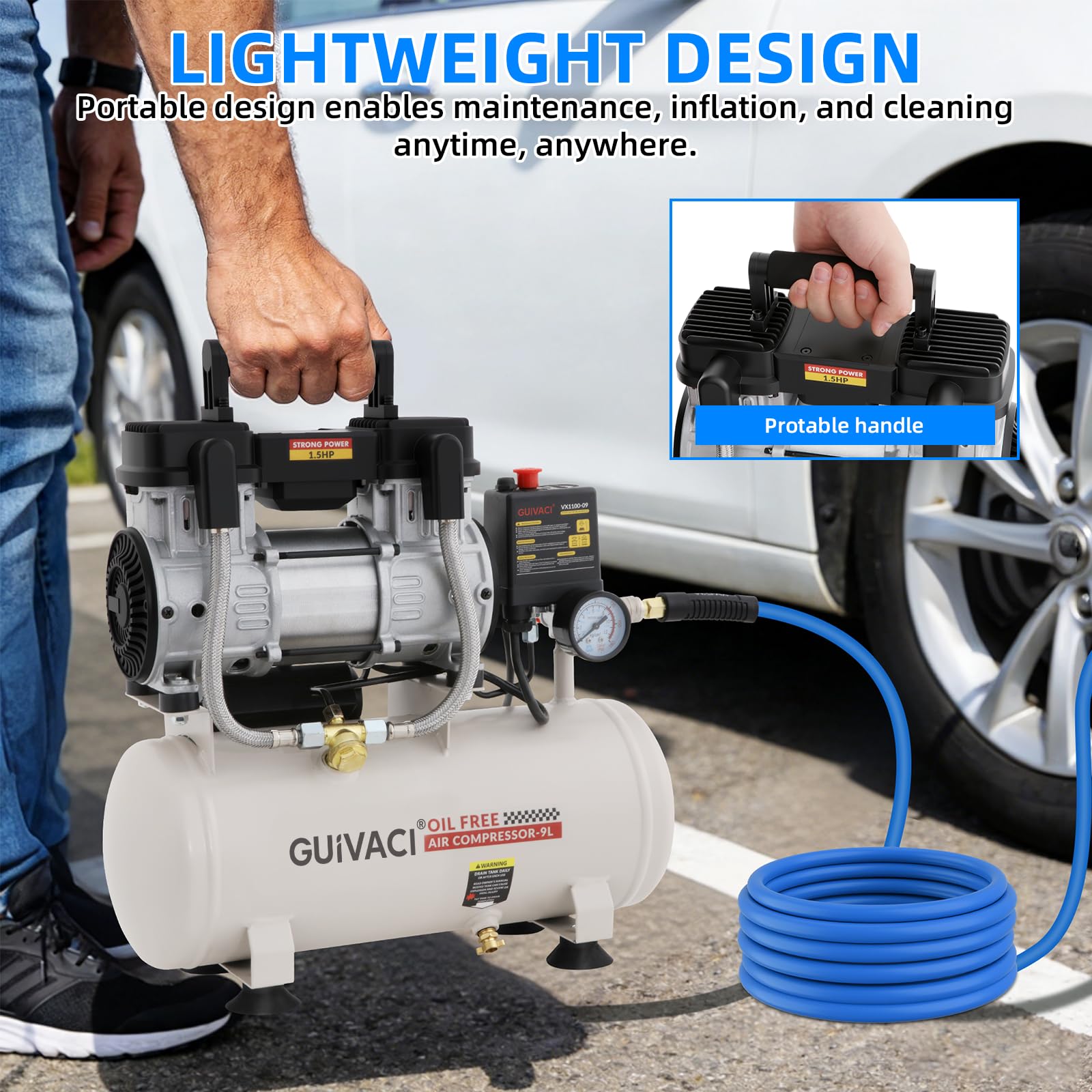 Compresor silencioso, 9 L, sin aceite, 1100 W (1,5 CV), máx. 8 bar, 190 l/min, 60 dB, con manguera de aire de 10 m, compresor silencioso para taller, coche y pintura
