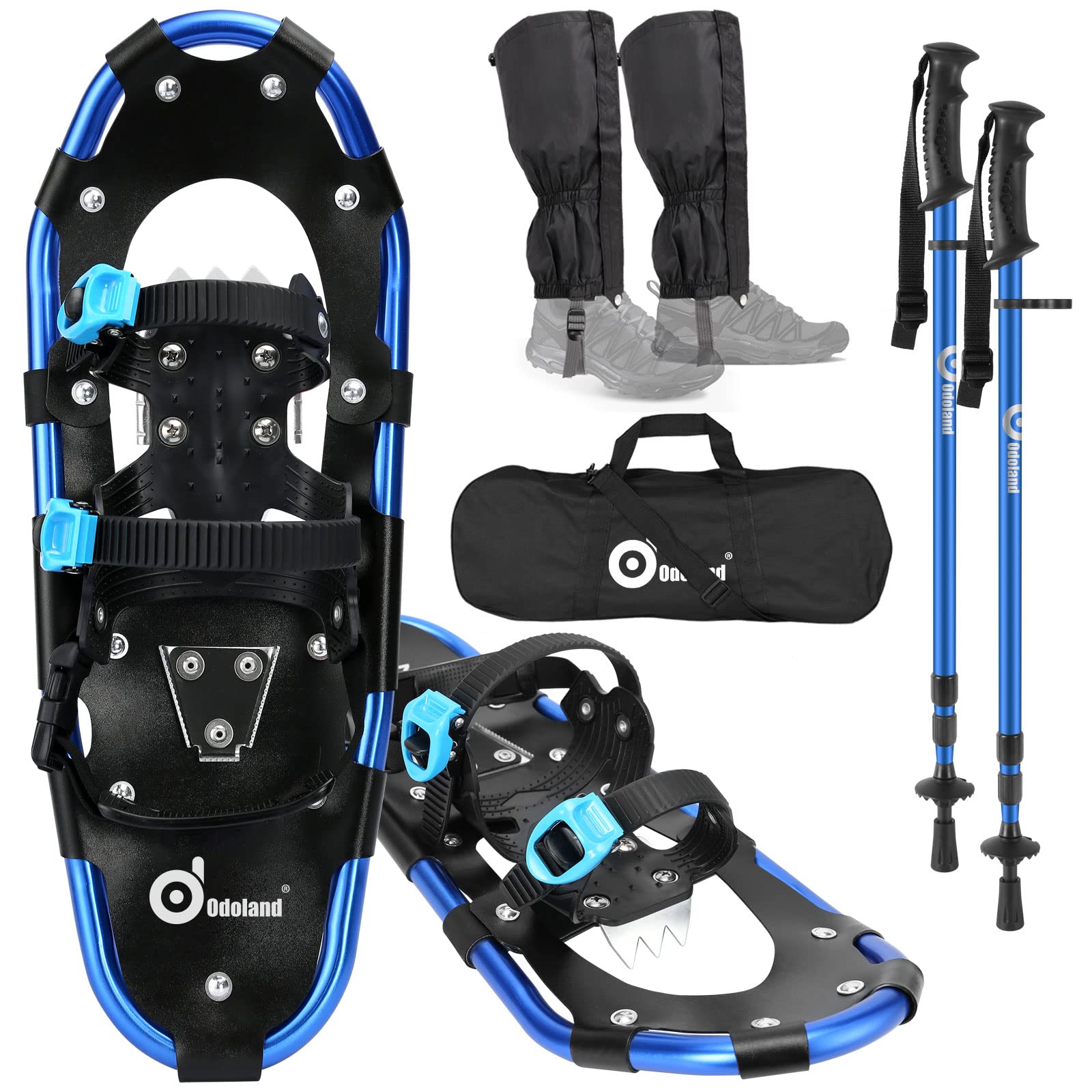 Odoland 4-in-1 Snowshoes for Men Women Youth Kids with Trekking Poles, Waterproof Snow Leg Gaiters and Carrying Tote Bag, Lightweight Snow Shoes Easy to Wear Aluminum Alloy, Size 21''/25''/30''