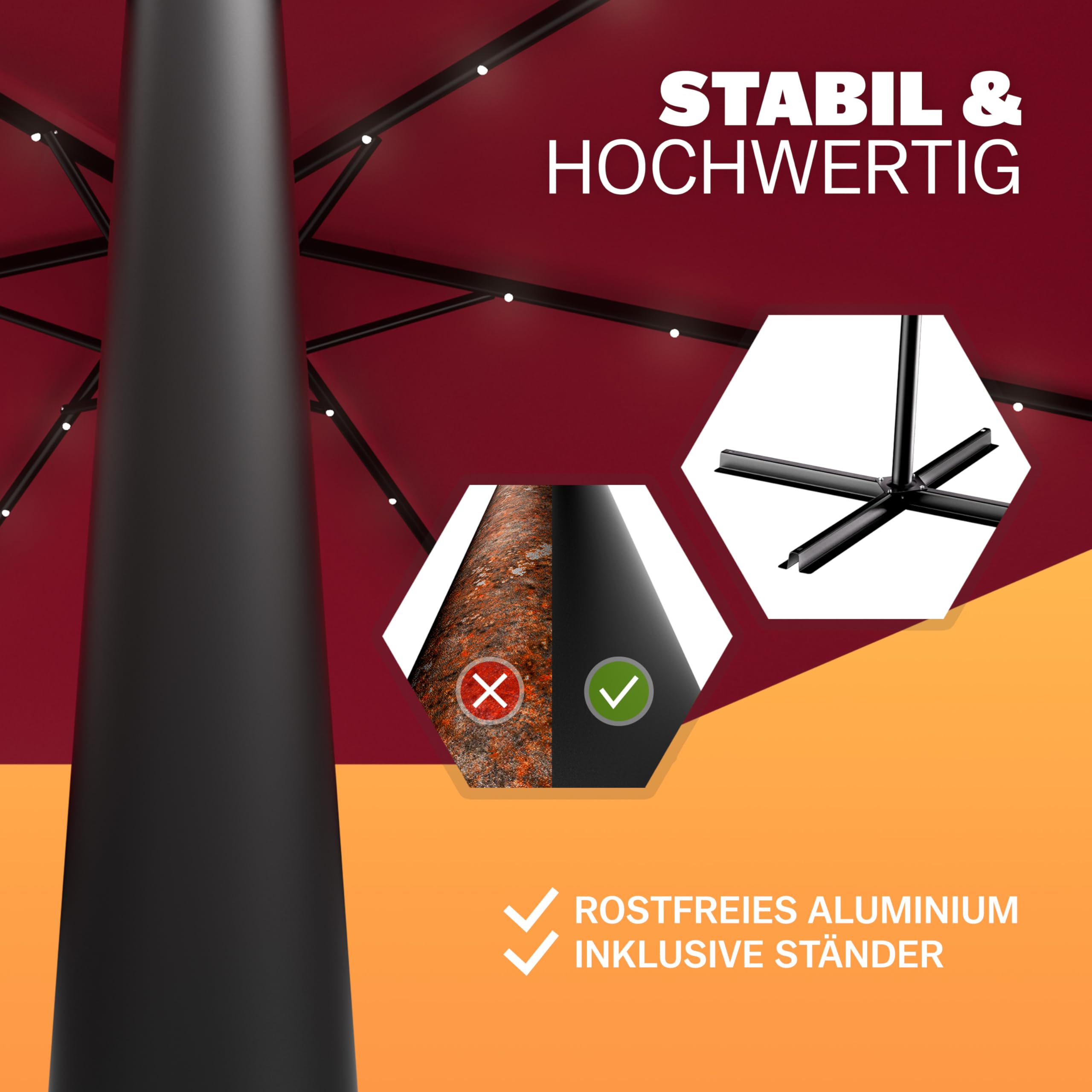 Kingsleeve® Ampelschirm LED Beleuchtung UV Schutz 80+ Solar Ständer Schutzhülle Windsicherung 300cm Groß Kurbel Balkon Terrasse Garten Sonnenschirm Rot