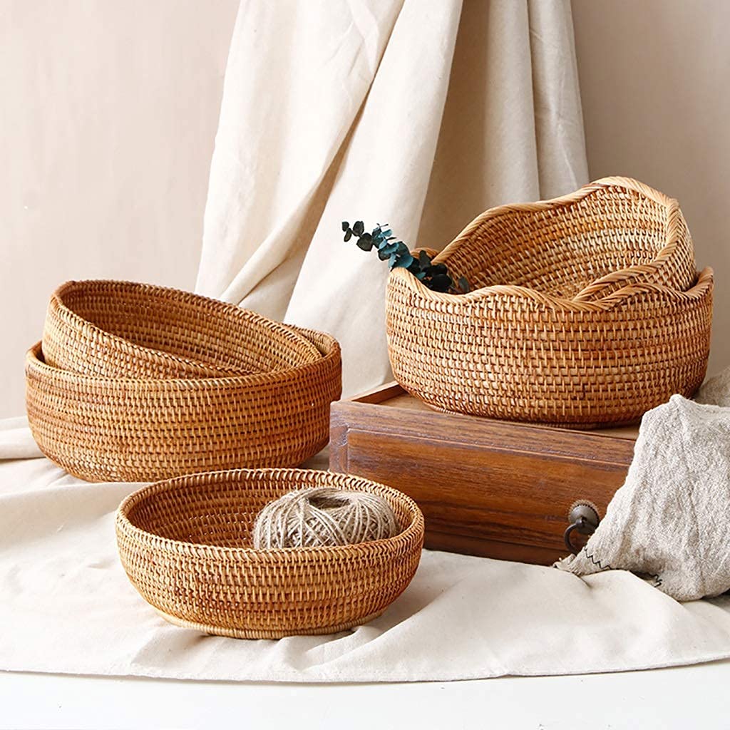 Cestas De Pan Hechas A Mano, Cestas Tejidas De Mimbre, Pan, Frutas, Verduras, Aperitivos, Cestas Para Servir, Mesa De Restaurante-26cm