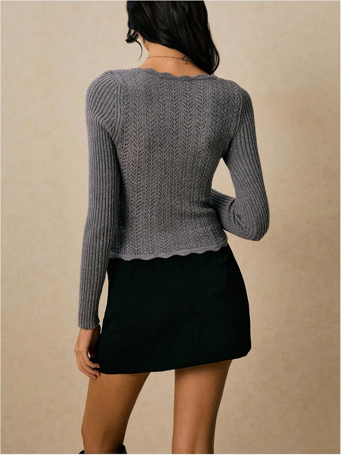 Women's Tie Waist Sweaters Scoop Neck Long Sleeve Fitted Jumper Ribbed Knit Pullovers - Image 2