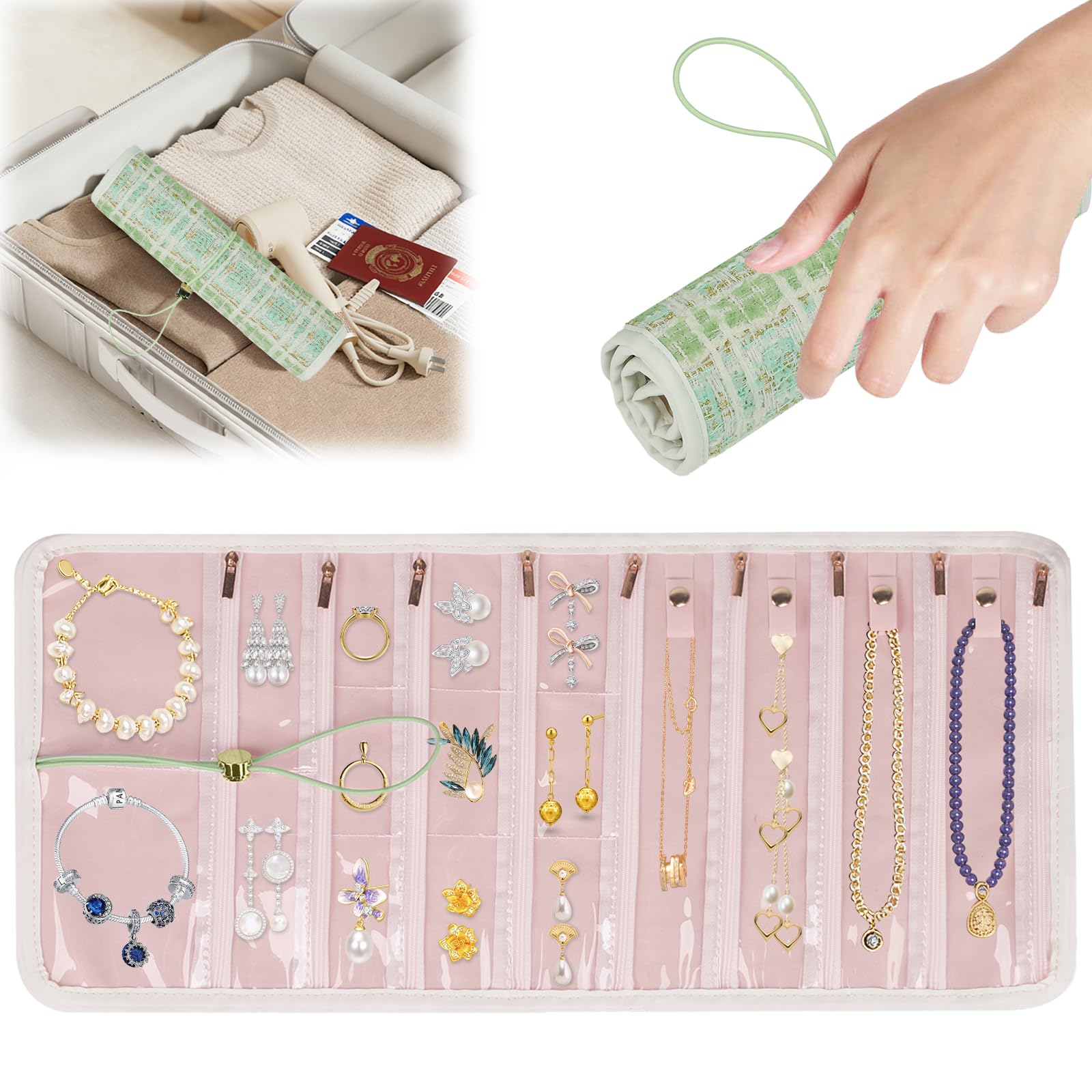 Rollo Joyero, Joyero Viaje Mujer, Almacenamiento de Joyas Bolsa Terciopelo Plegable con 17 Bolsillos con Cremallera, Organizador de Joyas para Anillos, Pendientes, Collares, Pulseras (Verde)