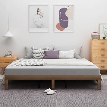 Solid Wood Queen Size Platform Bed with 8 Wooden Legs and 6 Metal Legs, Queen Bed Frame with Strong Wood Slat Support, No Box Spring Needed, Easy Assembly (Queen (U.S. Standard))