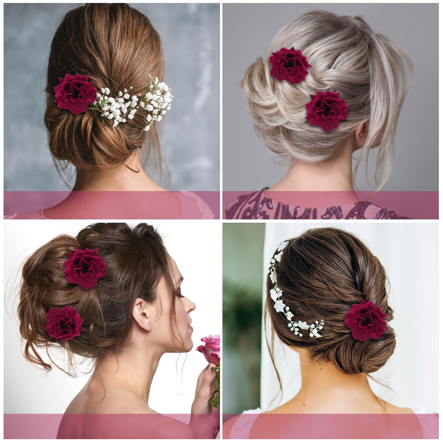 UHONEMY 6pcs Red Rose Flower Hair Clips U Shape Bridal Wedding Hair Pins Vintage Rose Hair Accessories Floral Head Hairpin for Women Girls Bridal Wedding Prom Party - Image 4