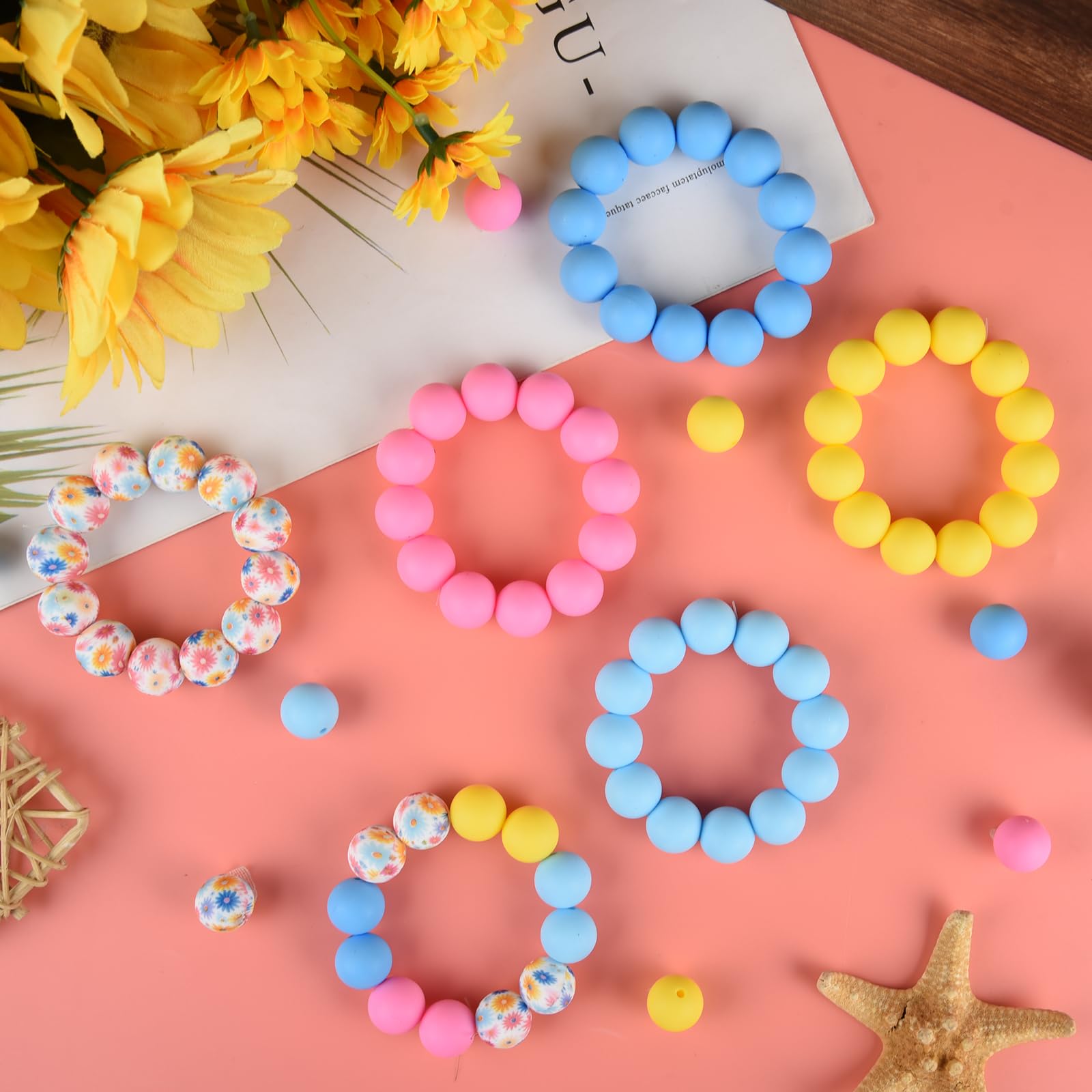 ASTARON 100 Pcs 15mm Silicone Beads for Keychain Making,Yellow Pink Blue Round Beads for Bracelets Crafts Beadable Pens Decorations Jewelry Making Party Favors Supplies - Image 4